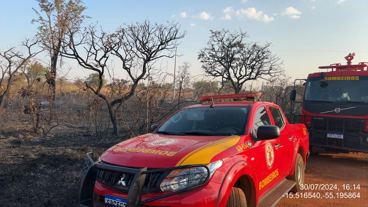 Corpo de Bombeiros Militar combate incêndio em vegetação às margens da rodovia MT-140