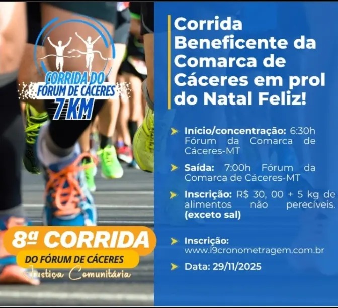 8ª Corrida do Fórum de Cáceres transforma inscrições em alimentos para quem precisa
